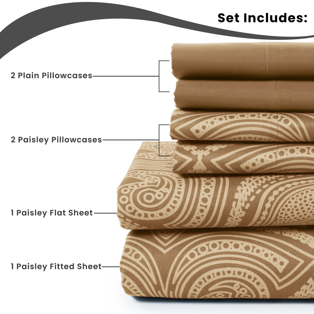 Luxurious Paisley Printed Bed Sheet Set, 6 pc