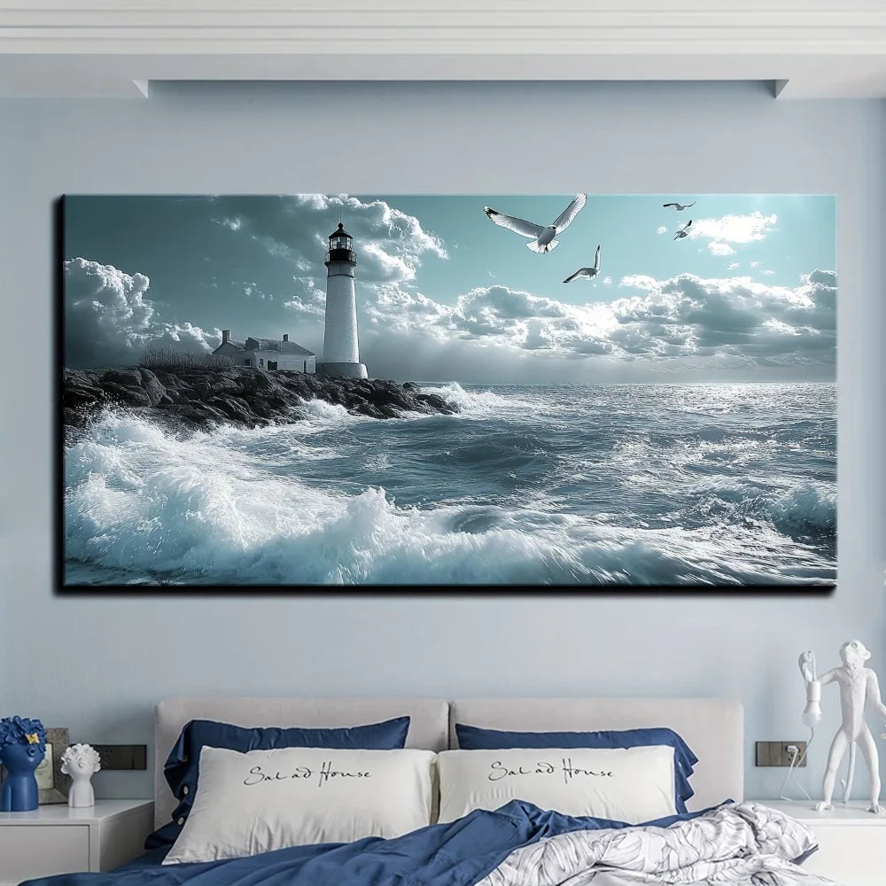 Ocean Beach Wall Art, Seagull light cloud blue wave
