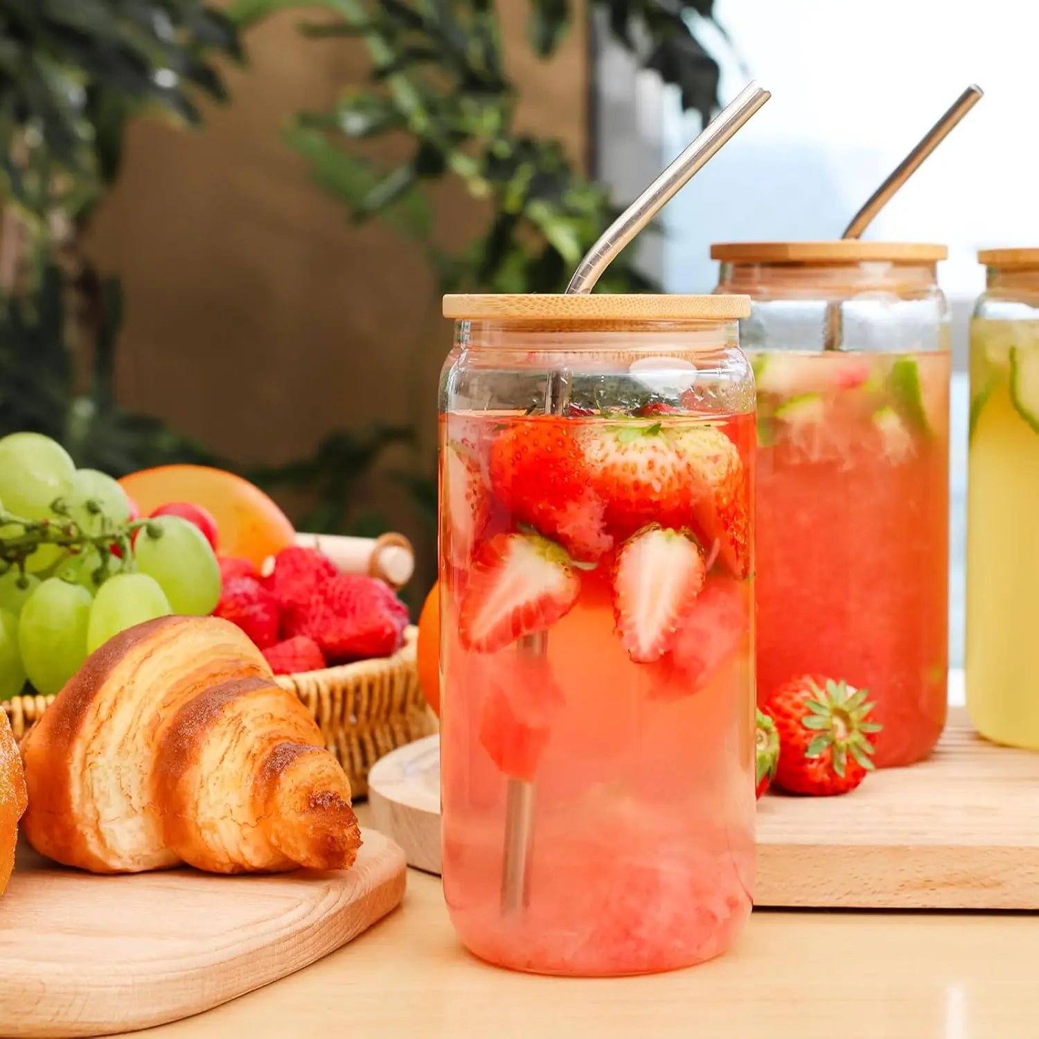 Reusable Glass Cups w/Bamboo Lids & Straws