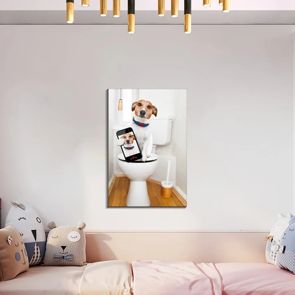 Funny Dog Toilet Selfie Canvas Wall Painting