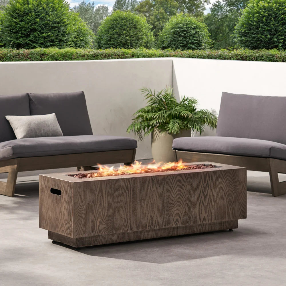 Rectangular Iron Propane Fire Pit -Brown Wood Pattern