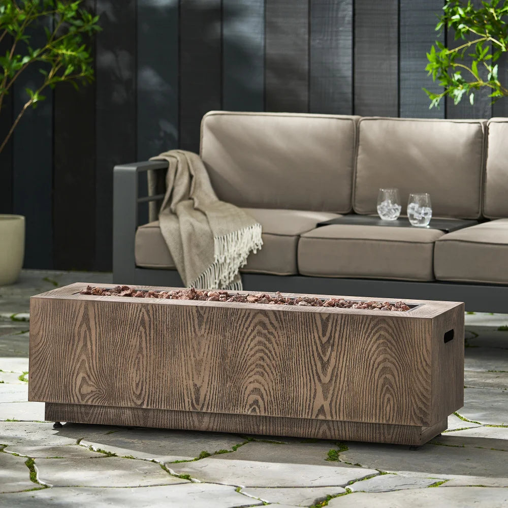 Rectangular Iron Propane Fire Pit -Brown Wood Pattern