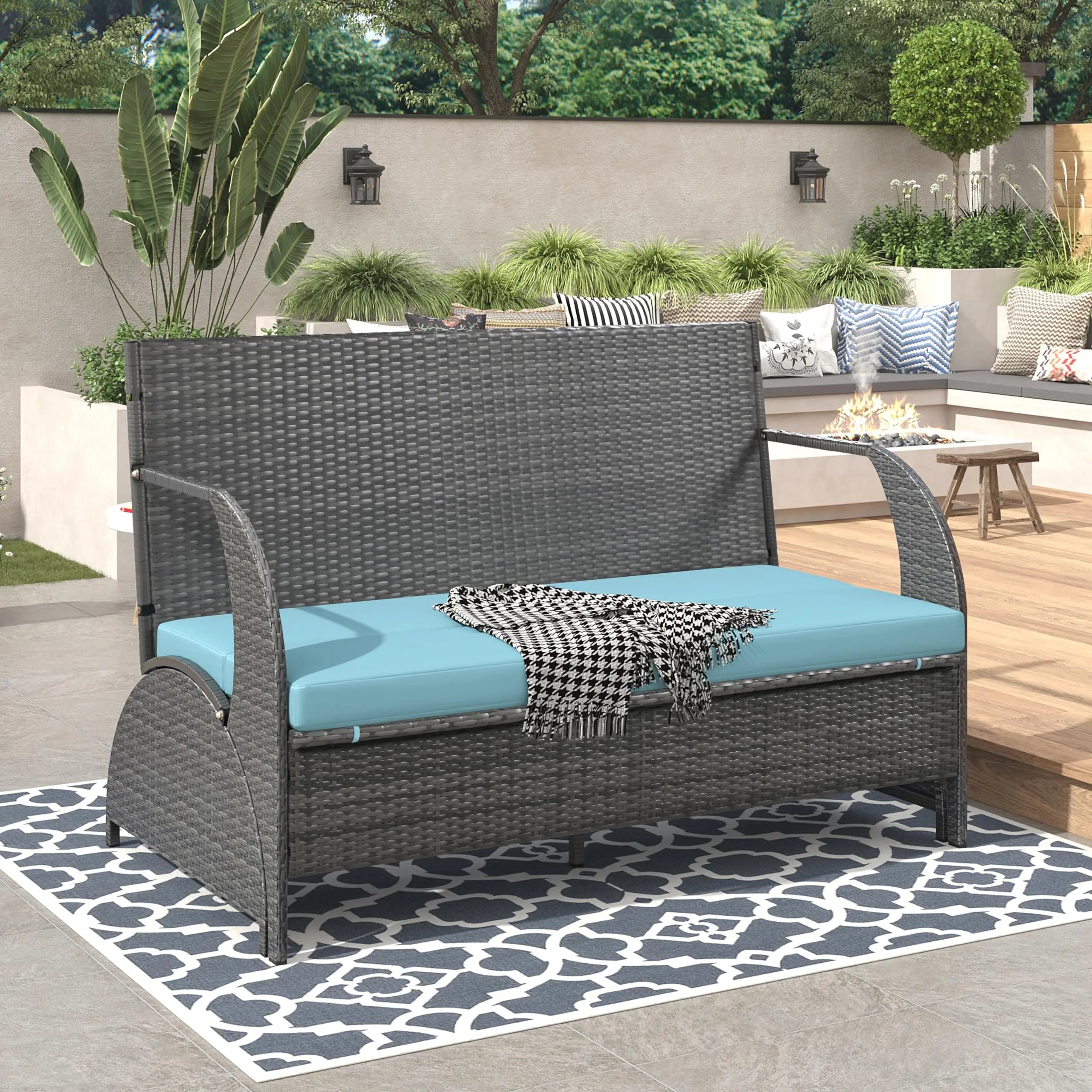 Rattan Convertible Picnic Upholstered Bench/Table