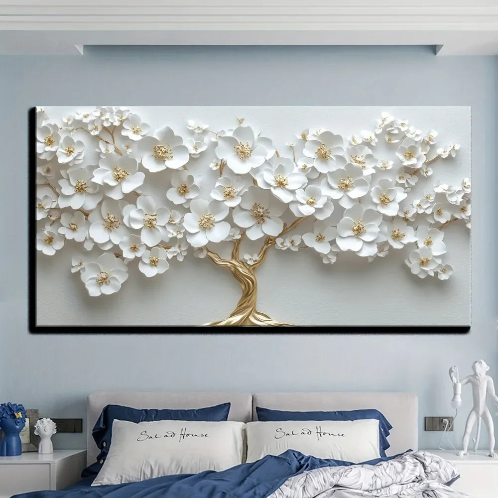 Modern Nordic White Flower Oil Painting on Canvas