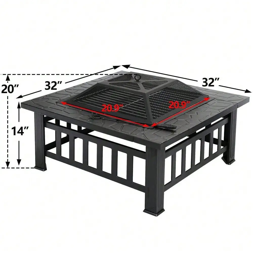 Black Metal Square Firepit With Cover