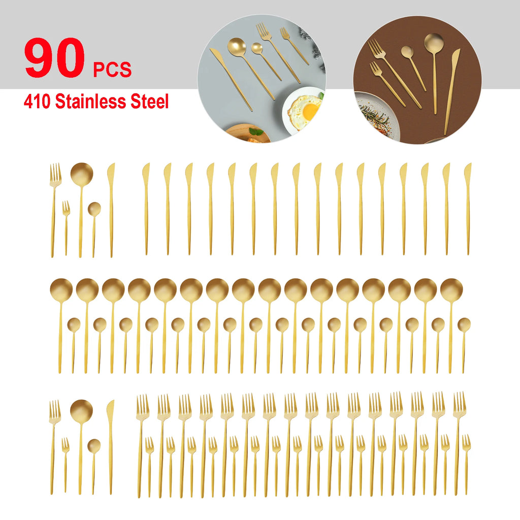 Gold Stainless Steel Silverware - 90 pcs Cutlery