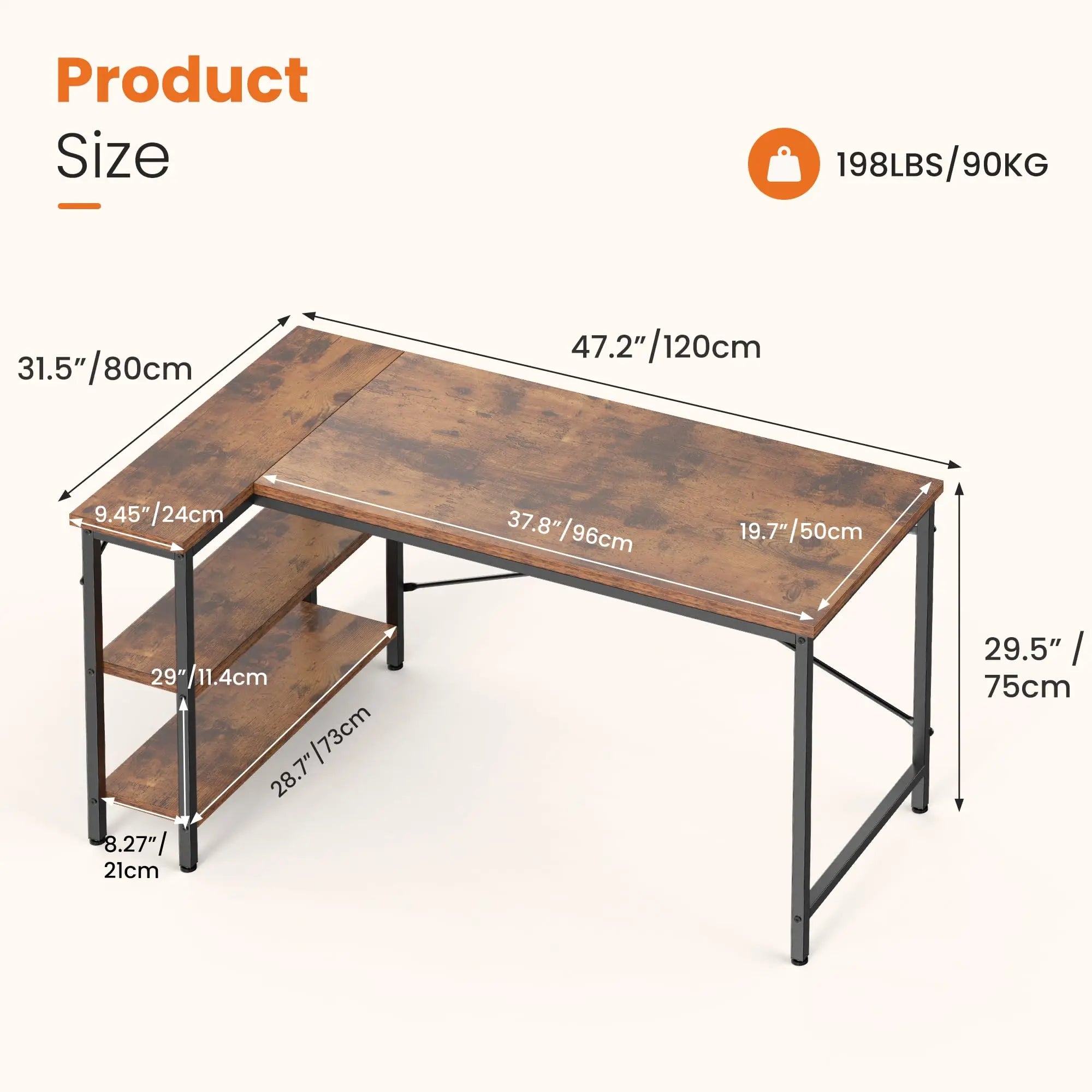L Shaped Desk with Reversible Storage Shelves