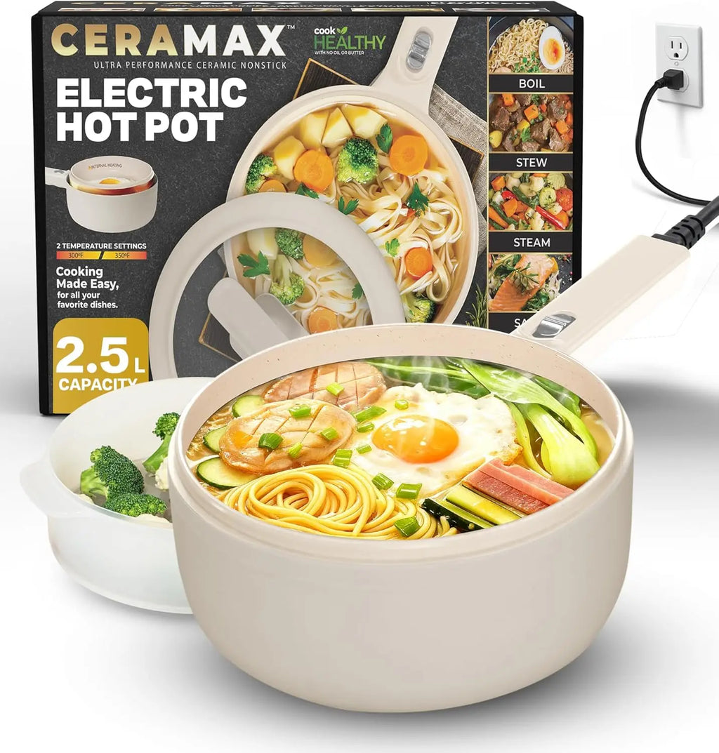 Electric Hot Pot wi/Lid & Steamer, Ceramic Cooker