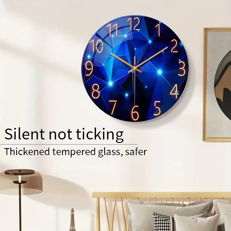 Blue Wall Round Glass Clock -Battery Operated