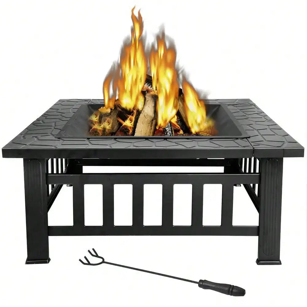 Black Metal Square Firepit With Cover