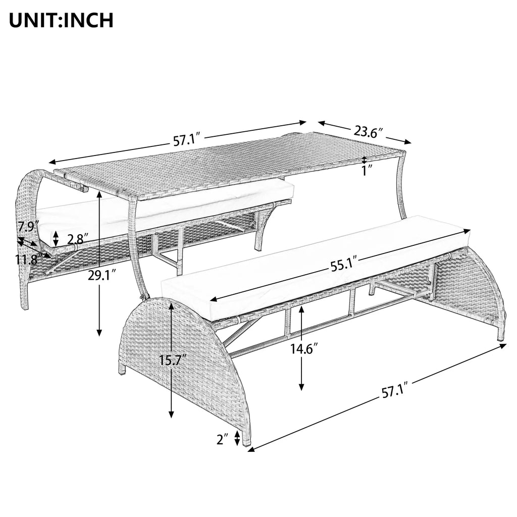 Rattan Convertible Picnic Upholstered Bench/Table