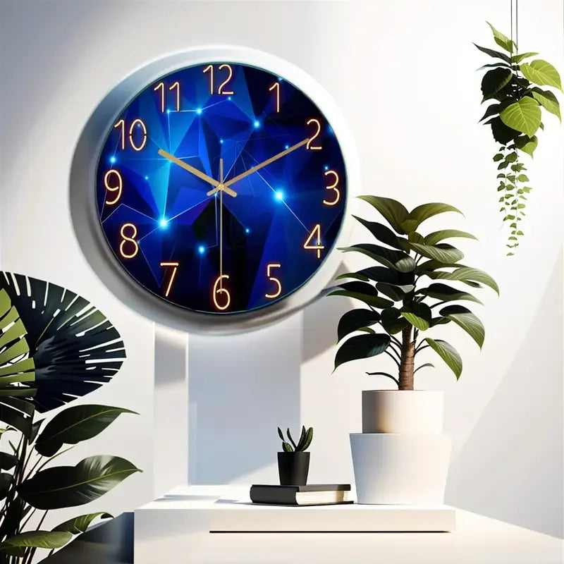 Blue Wall Round Glass Clock -Battery Operated