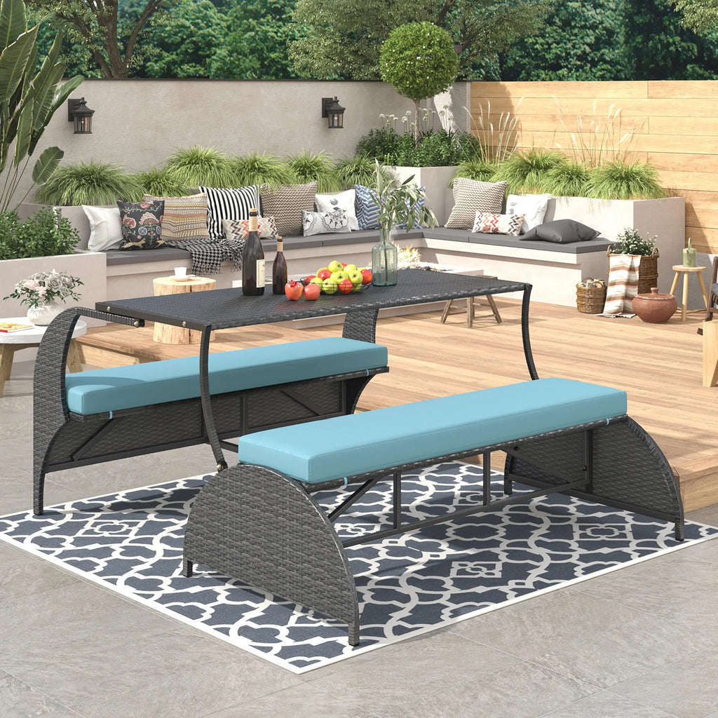 Rattan Convertible Picnic Upholstered Bench/Table