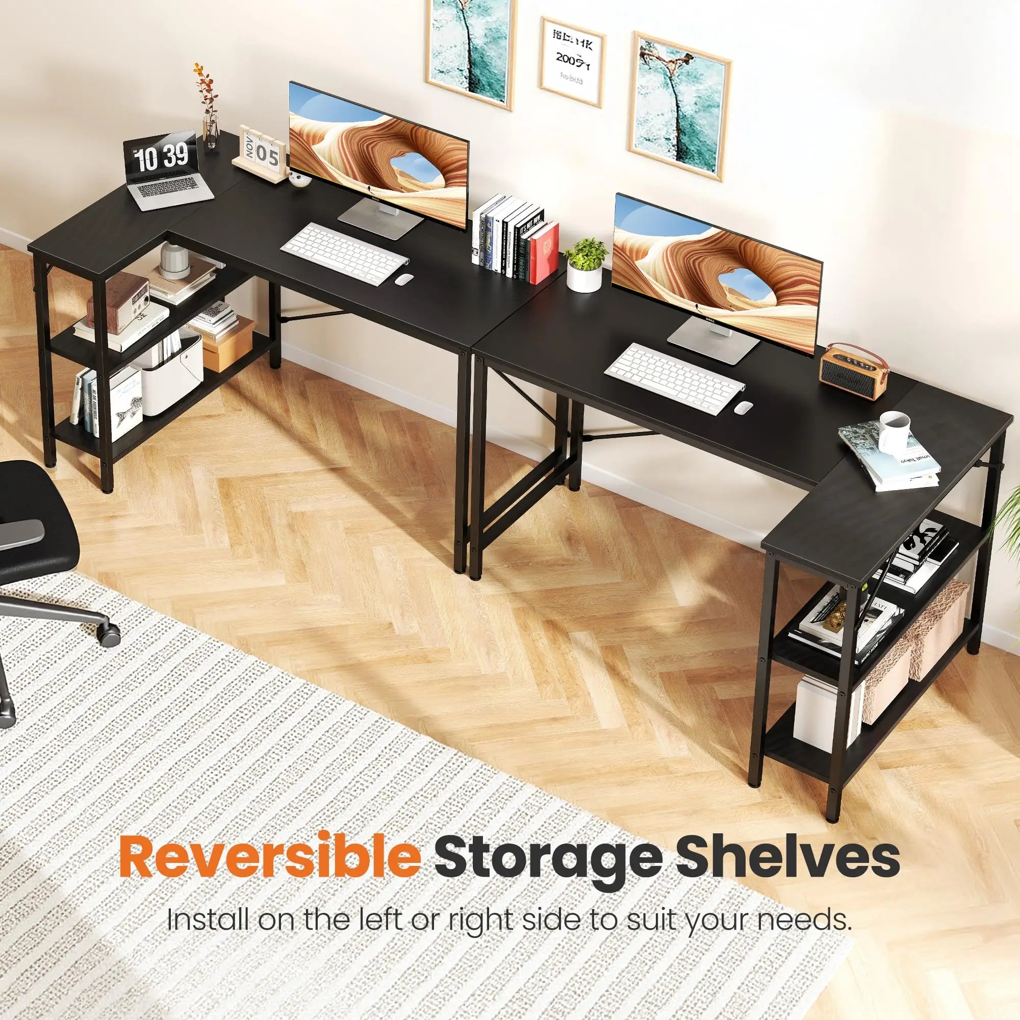 L Shaped Desk with Reversible Storage Shelves