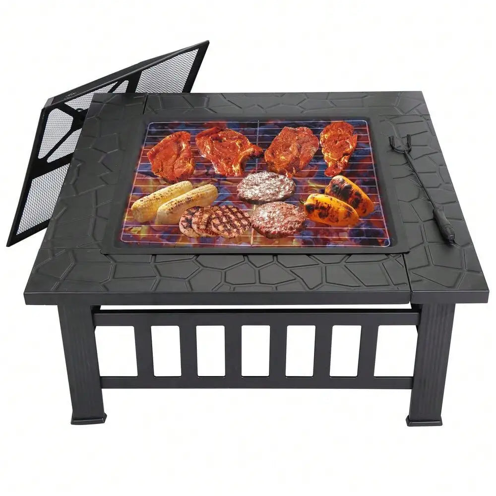 Black Metal Square Firepit With Cover