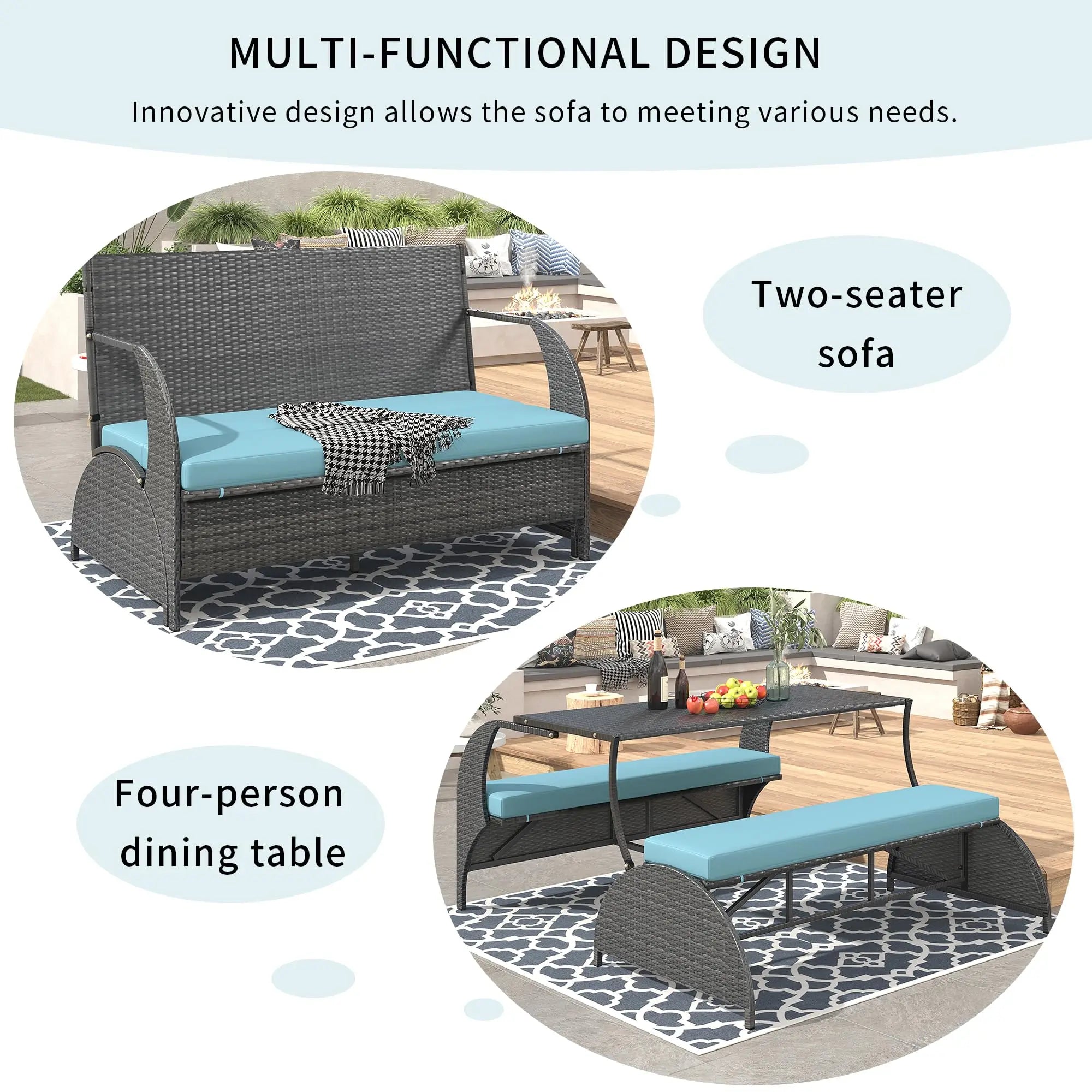 Rattan Convertible Picnic Upholstered Bench/Table
