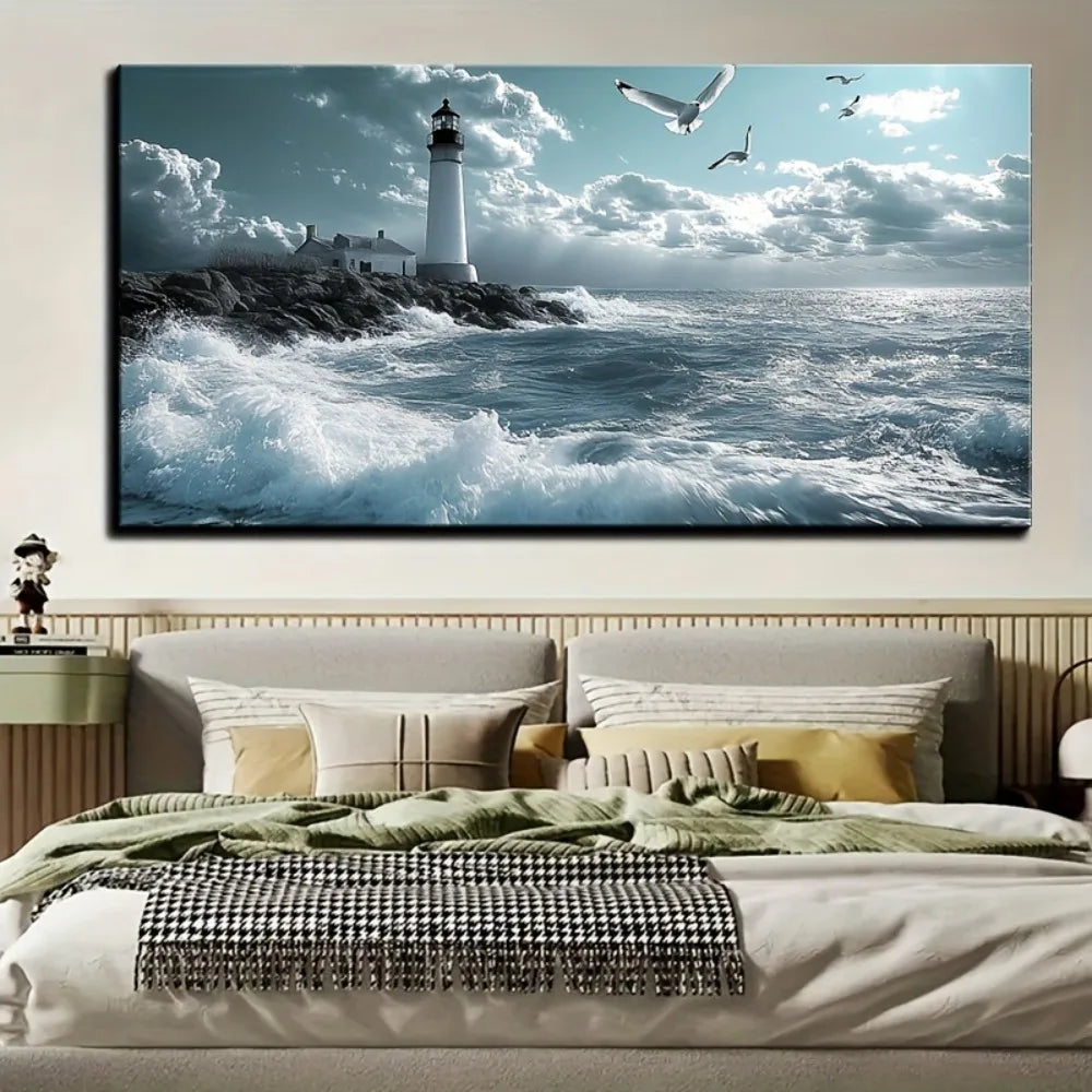 Ocean Beach Wall Art, Seagull light cloud blue wave