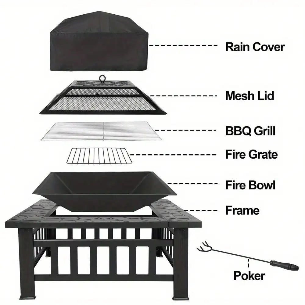 Black Metal Square Firepit With Cover