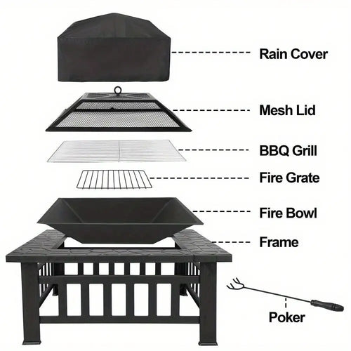 Black Metal Square Firepit With Cover