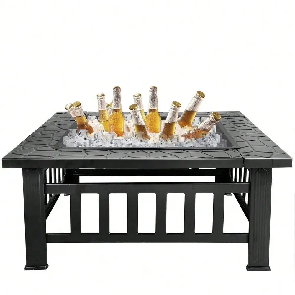 Black Metal Square Firepit With Cover