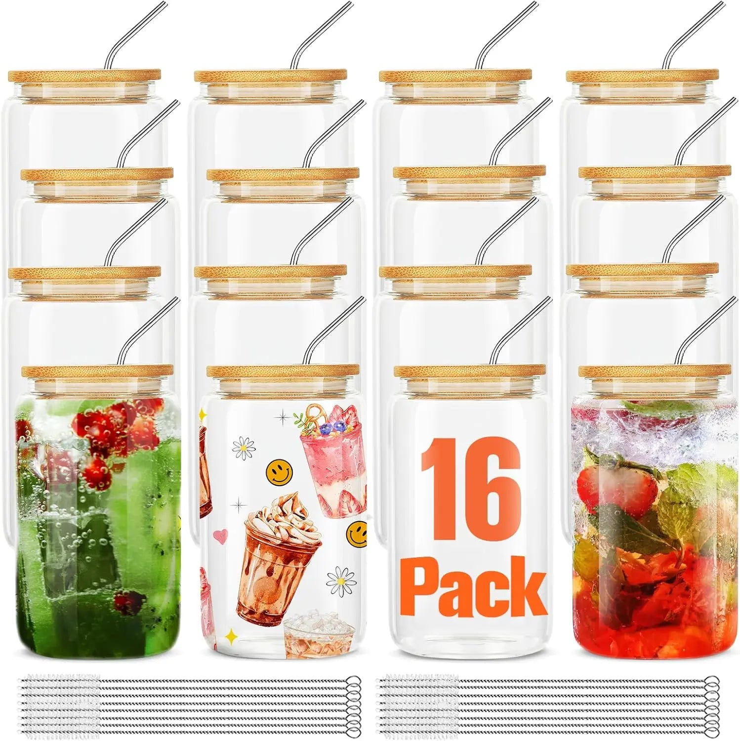 Reusable Glass Cups w/Bamboo Lids & Straws
