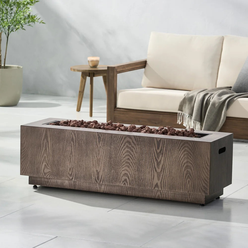 Rectangular Iron Propane Fire Pit -Brown Wood Pattern