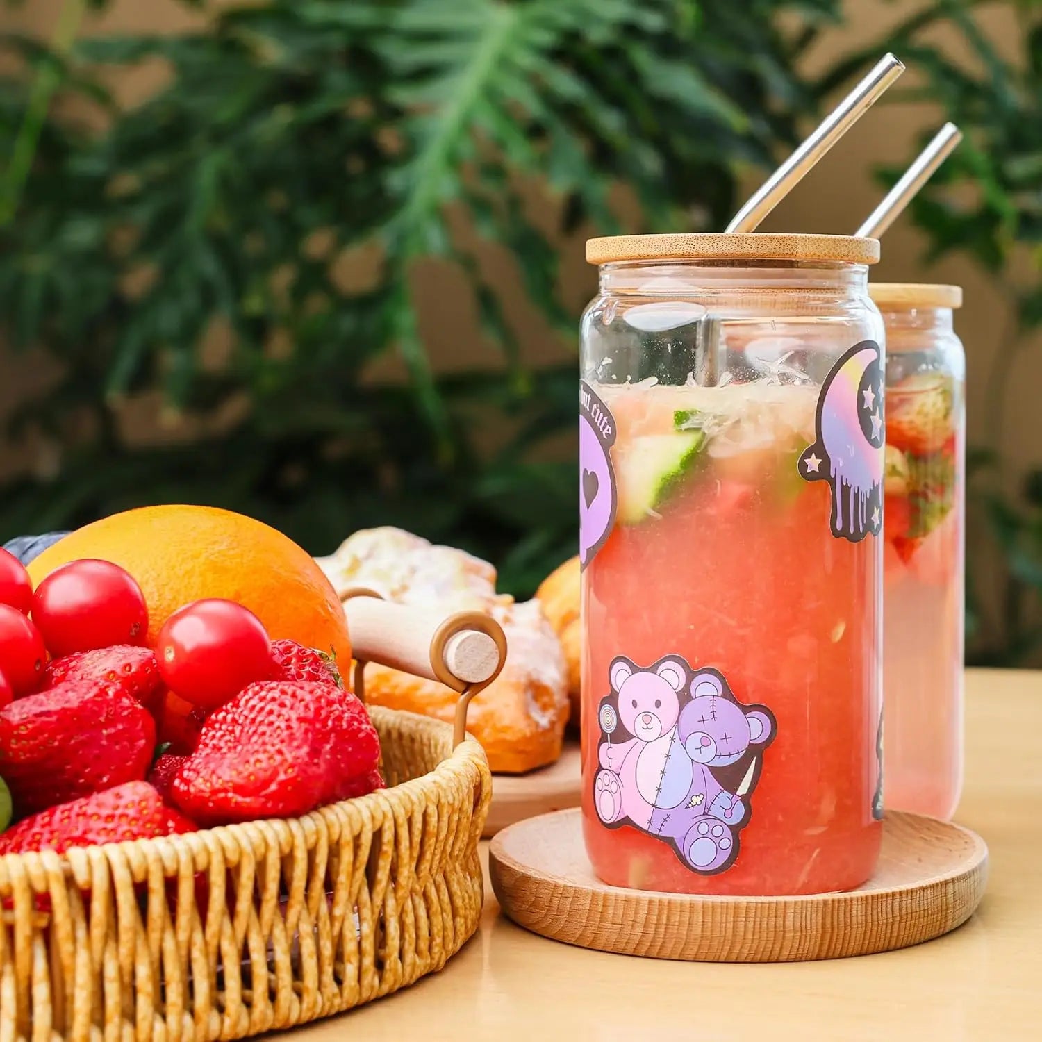 Reusable Glass Cups w/Bamboo Lids & Straws