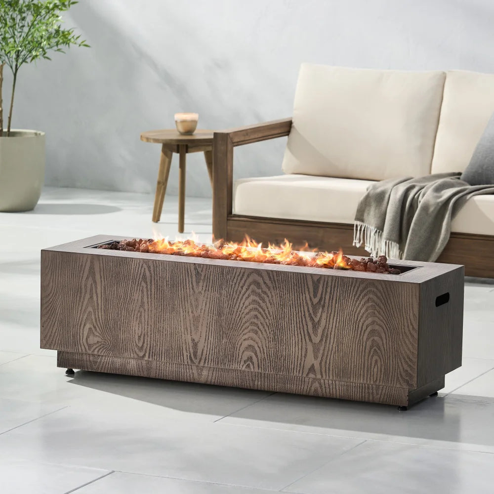 Rectangular Iron Propane Fire Pit -Brown Wood Pattern
