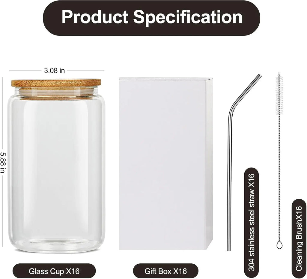 Reusable Glass Cups w/Bamboo Lids & Straws